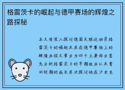 格雷茨卡的崛起与德甲赛场的辉煌之路探秘