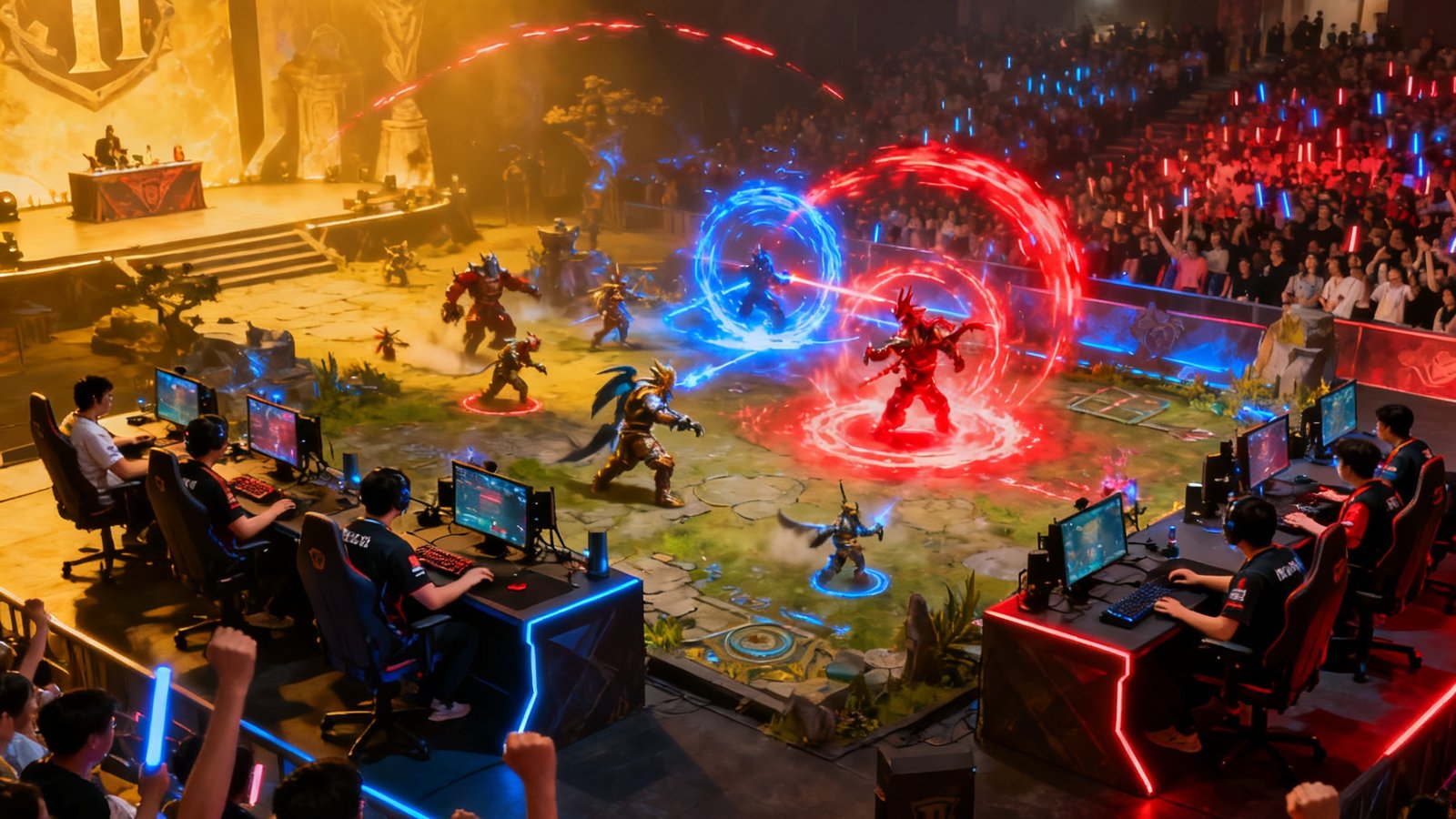DOTA2 TI13中国区预选赛现场，两支战队在激烈团战中，技能特效绚丽，观众席爆发出欢呼