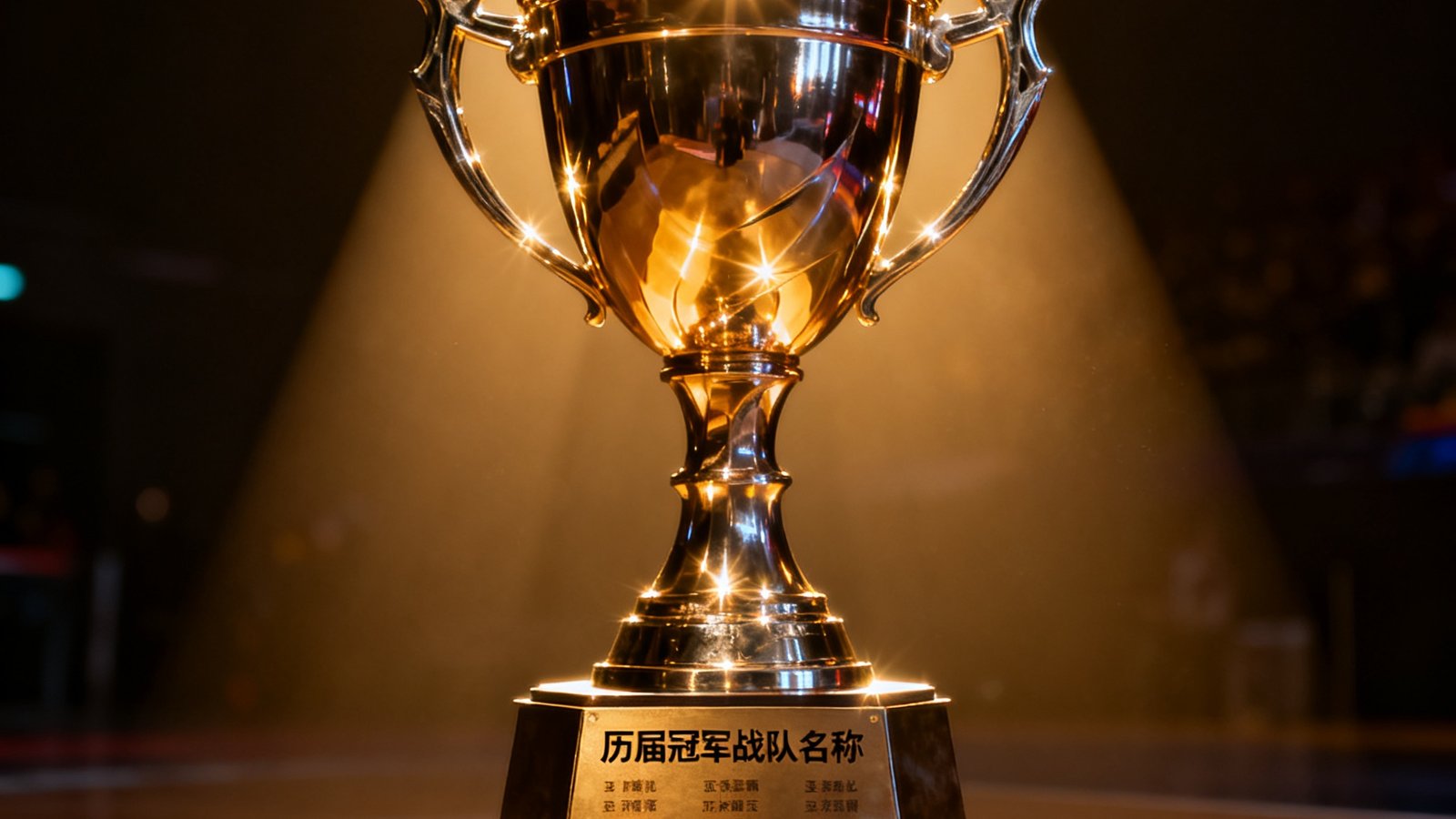 LPL夏季赛总决赛冠军奖杯在聚光灯下闪闪发光，奖杯底座雕刻着历届冠军战队名称