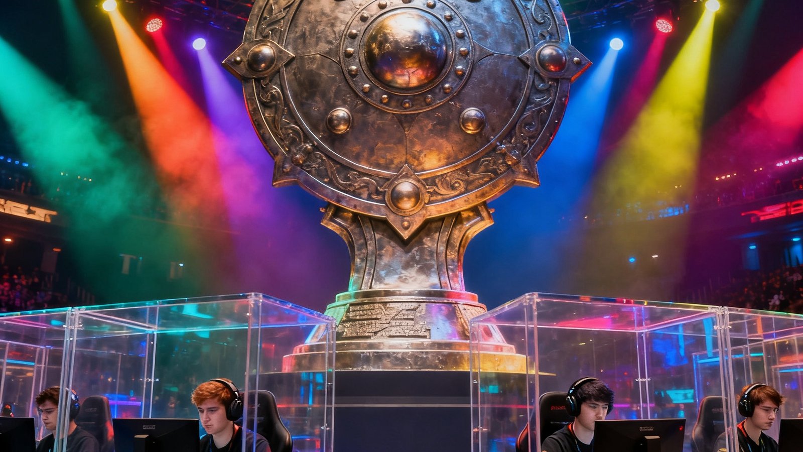 DOTA2国际邀请赛TI主舞台，巨大的冠军盾模型矗立在舞台中央，彩色聚光灯交织，选手在隔音房内专注操作