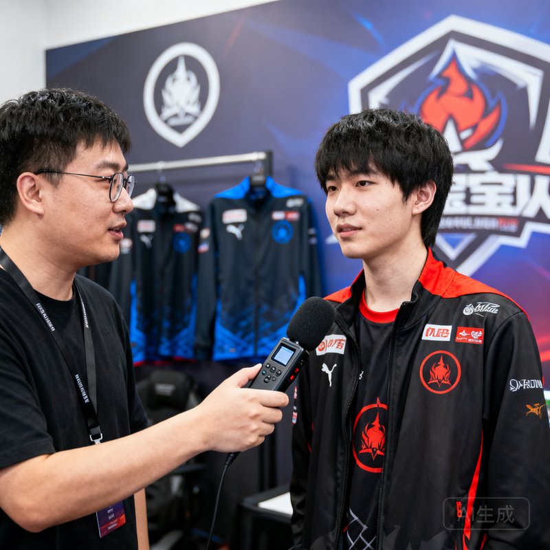 竞技宝主编陈锐，手持录音笔在赛事后台采访职业选手，背景可见战队队服和赛事logo
