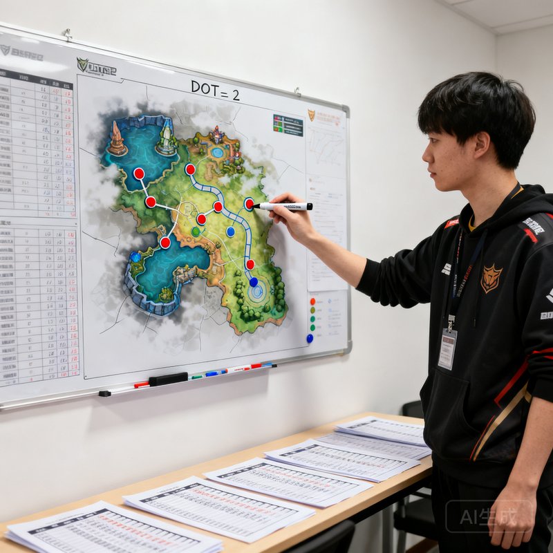 竞技宝首席分析师王皓，站在战术白板前用马克笔标注DOTA2地图的关键战术点位，桌上摆放着数据报表