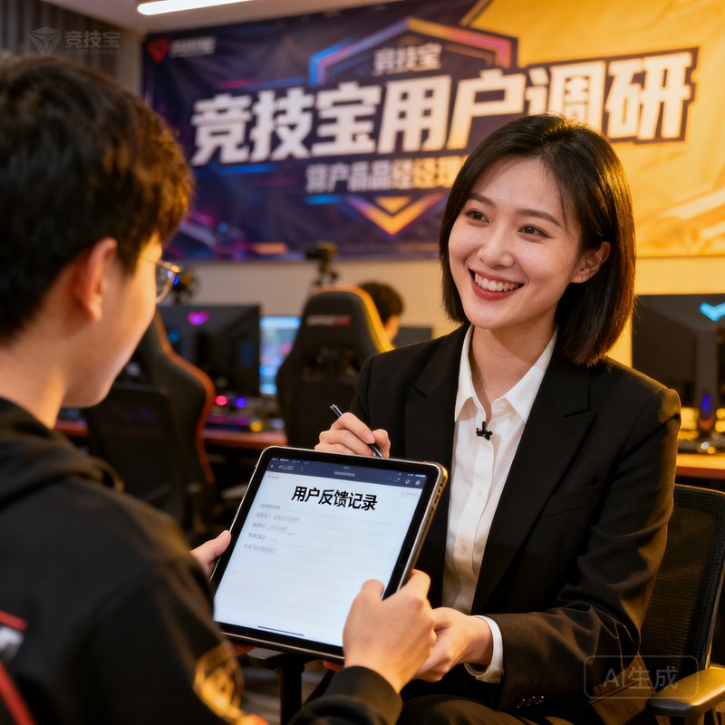 竞技宝产品经理苏瑶，在用户访谈会上与电竞爱好者交流，手持平板记录反馈意见，笑容亲切专业